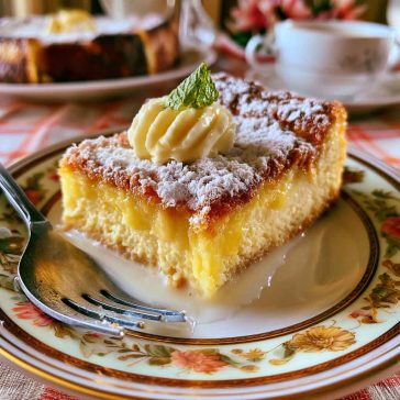 Light lemon custard cake dusted with powdered sugar, featuring soft cake layers and a creamy lemon custard center.