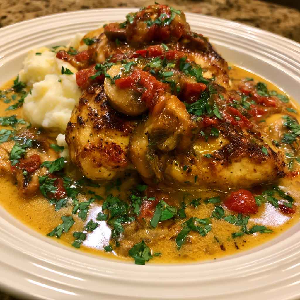 Creamy chicken Christopher dish with tender chicken and rich sauce.