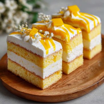 Moist mango milk cake topped with fresh mango pieces and creamy layers.