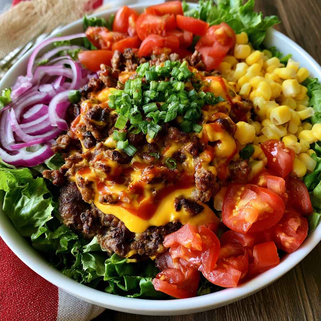 Smash burger bowl with ground beef, lettuce, cheese, pickles, and burger sauce.