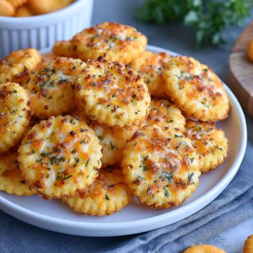 Cheesy garlic Ritz cracker bites baked until crispy and golden.