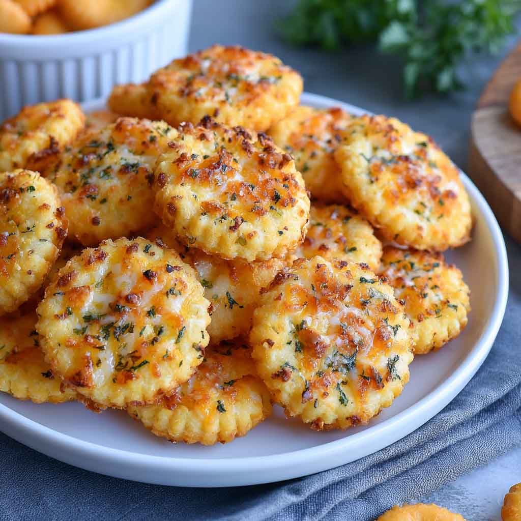 Cheesy garlic Ritz cracker bites baked until crispy and golden.