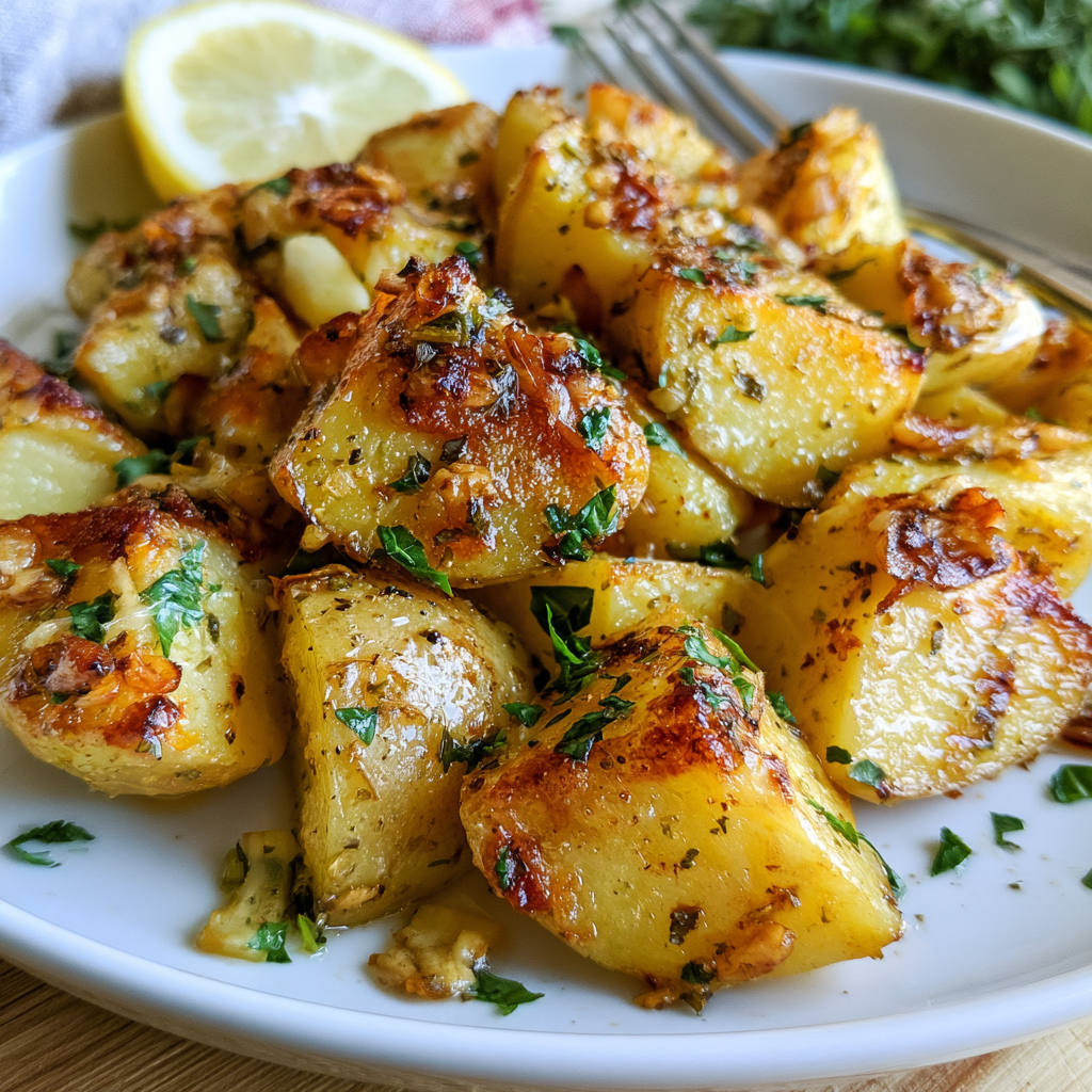 Greek-style lemon potatoes roasted with garlic, oregano, and herbs.