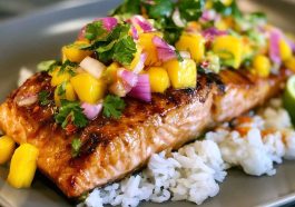 Salmon fillet glazed with mango teriyaki sauce served with rice and vegetables