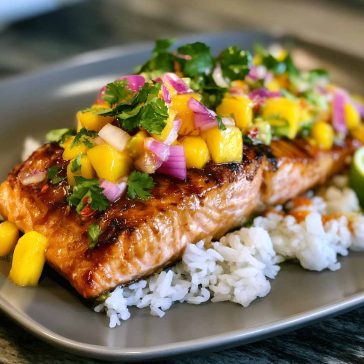 Salmon fillet glazed with mango teriyaki sauce served with rice and vegetables