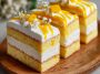 Moist mango milk cake topped with fresh mango pieces and creamy layers.