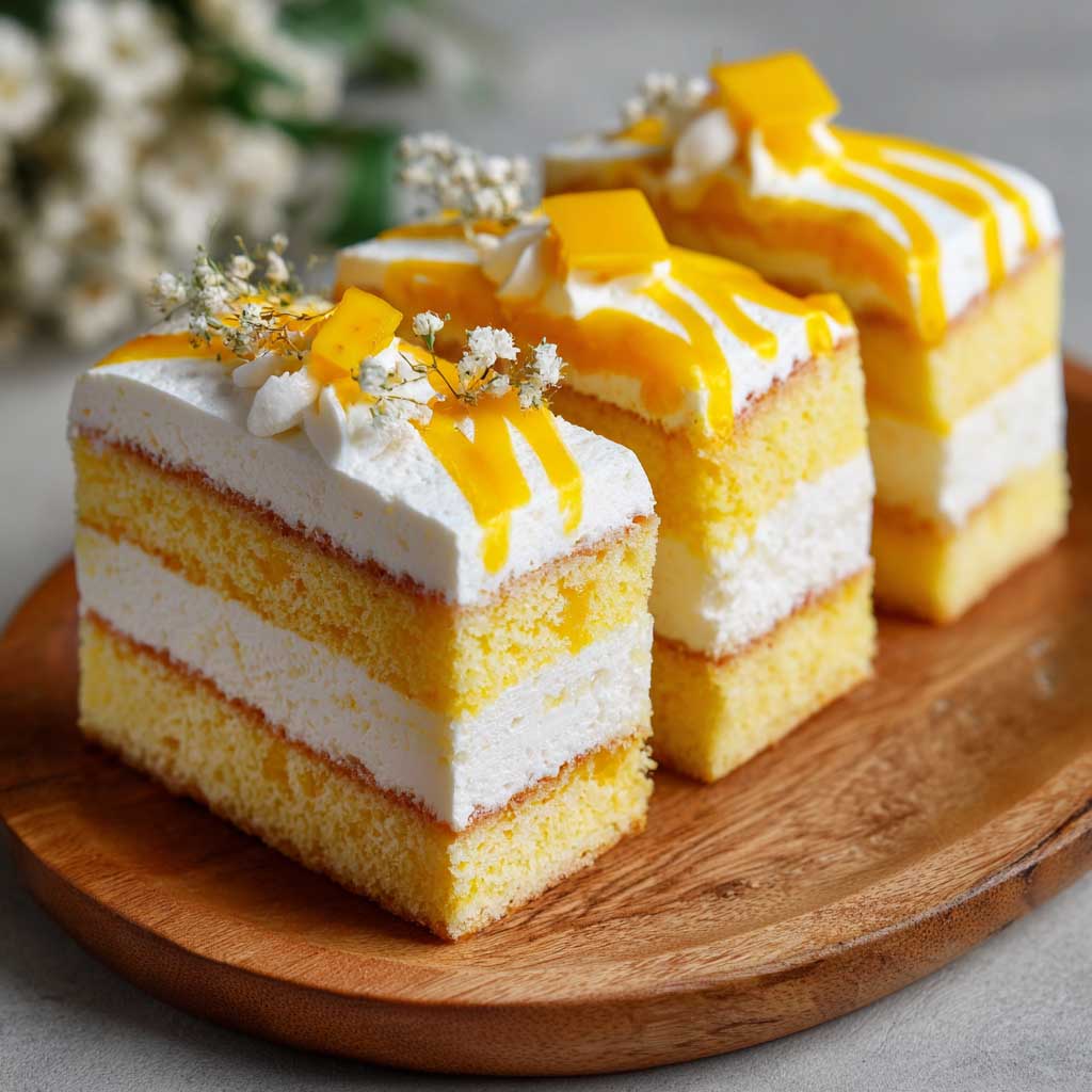 Moist mango milk cake topped with fresh mango pieces and creamy layers.