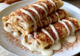 Thin crepes with cinnamon filling and protein-rich ingredients, soft and rolled.