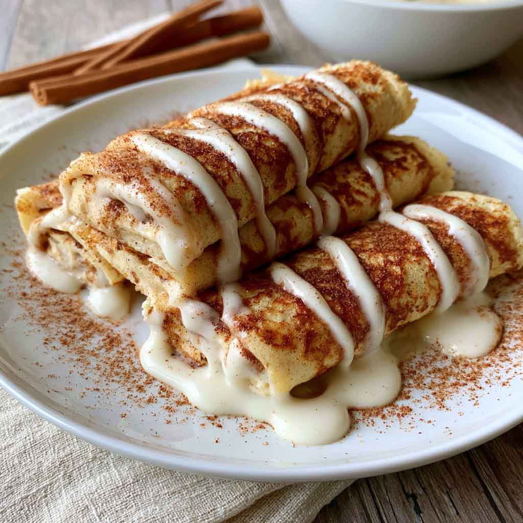 Thin crepes with cinnamon filling and protein-rich ingredients, soft and rolled.