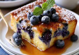 Blueberry buttermilk pancake casserole baked golden with fresh blueberries on top.