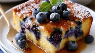 Blueberry buttermilk pancake casserole baked golden with fresh blueberries on top.