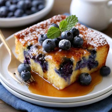 Blueberry buttermilk pancake casserole baked golden with fresh blueberries on top.