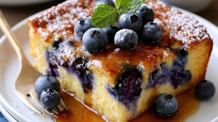 Blueberry buttermilk pancake casserole baked golden with fresh blueberries on top.