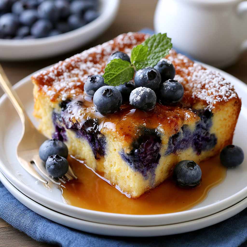 Blueberry buttermilk pancake casserole baked golden with fresh blueberries on top.