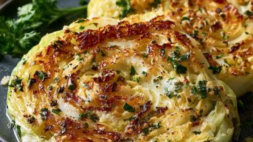 Garlic butter roasted cabbage steaks with crispy edges and golden color.