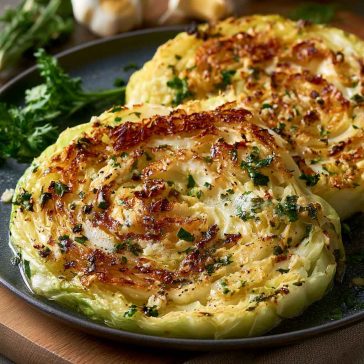 Garlic butter roasted cabbage steaks with crispy edges and golden color.