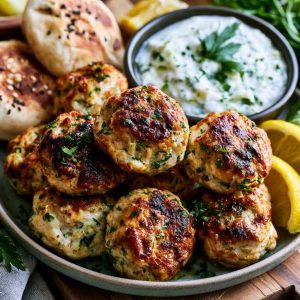Chicken kofta served with creamy garlic yogurt sauce and herbs.