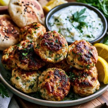 Chicken kofta served with creamy garlic yogurt sauce and herbs.
