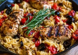 High protein Mediterranean chicken orzo with tender chicken, herbs, and vegetables in a light, flavorful sauce.