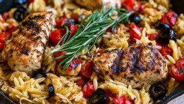 High protein Mediterranean chicken orzo with tender chicken, herbs, and vegetables in a light, flavorful sauce.