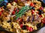 High protein Mediterranean chicken orzo with tender chicken, herbs, and vegetables in a light, flavorful sauce.