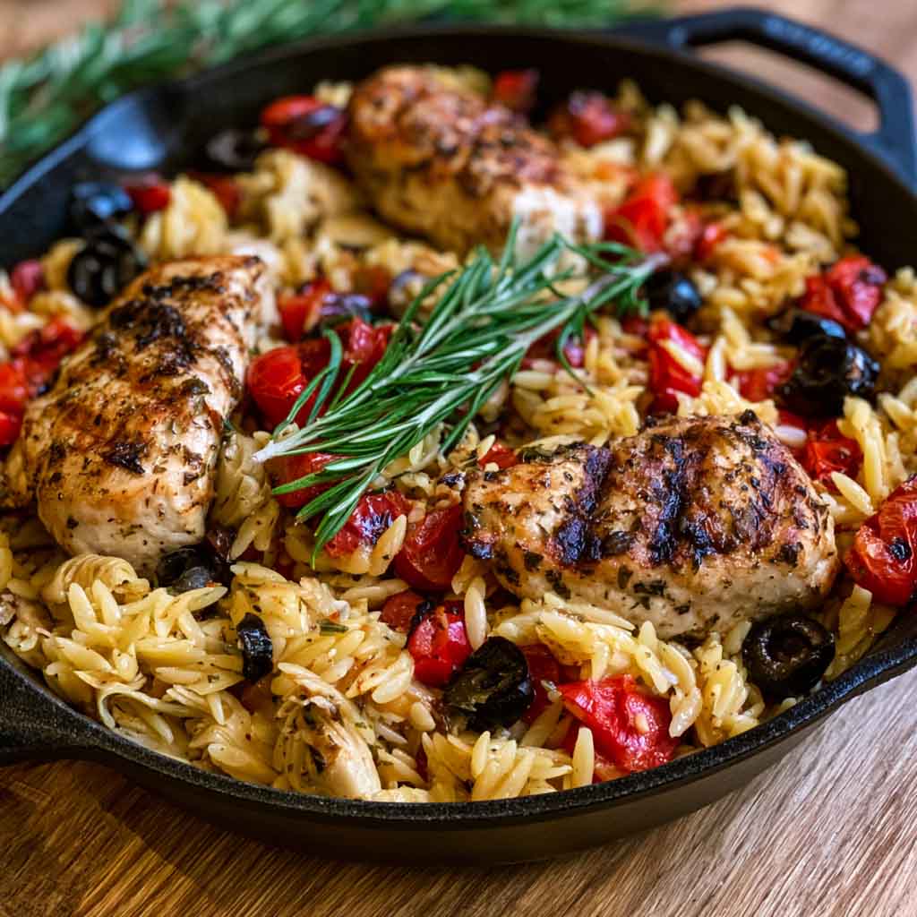 High protein Mediterranean chicken orzo with tender chicken, herbs, and vegetables in a light, flavorful sauce.