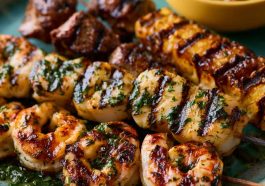 Grilled seafood skewers with shrimp, fish, and vegetables, lightly charred.