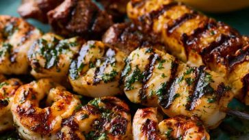Grilled seafood skewers with shrimp, fish, and vegetables, lightly charred.