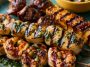 Grilled seafood skewers with shrimp, fish, and vegetables, lightly charred.