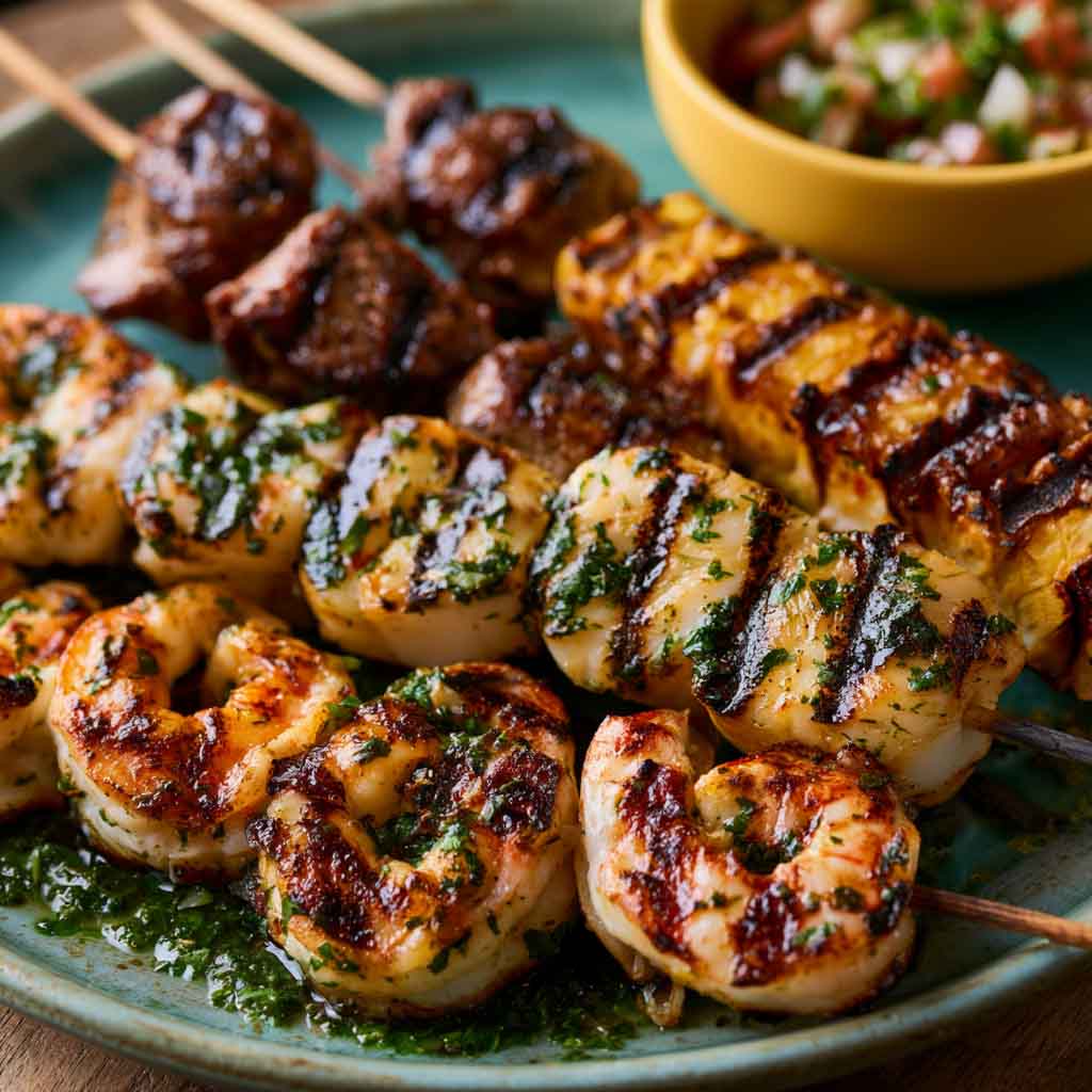 Grilled seafood skewers with shrimp, fish, and vegetables, lightly charred.