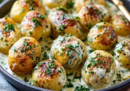 Creamy garlic sauce baby potatoes coated in a rich sauce with herbs, served warm in a bowl.