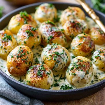 Creamy garlic sauce baby potatoes coated in a rich sauce with herbs, served warm in a bowl.
