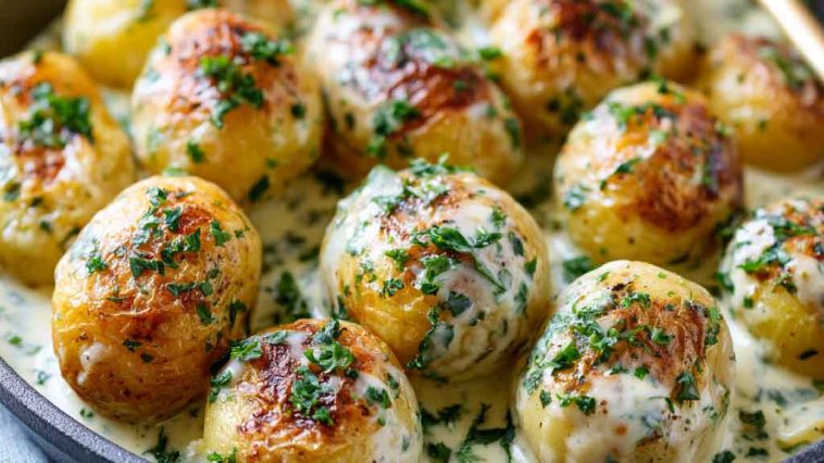 Creamy garlic sauce baby potatoes coated in a rich sauce with herbs, served warm in a bowl.