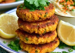 Golden coconut curry carrot and chickpea patties served crispy with herbs and a creamy dipping sauce.