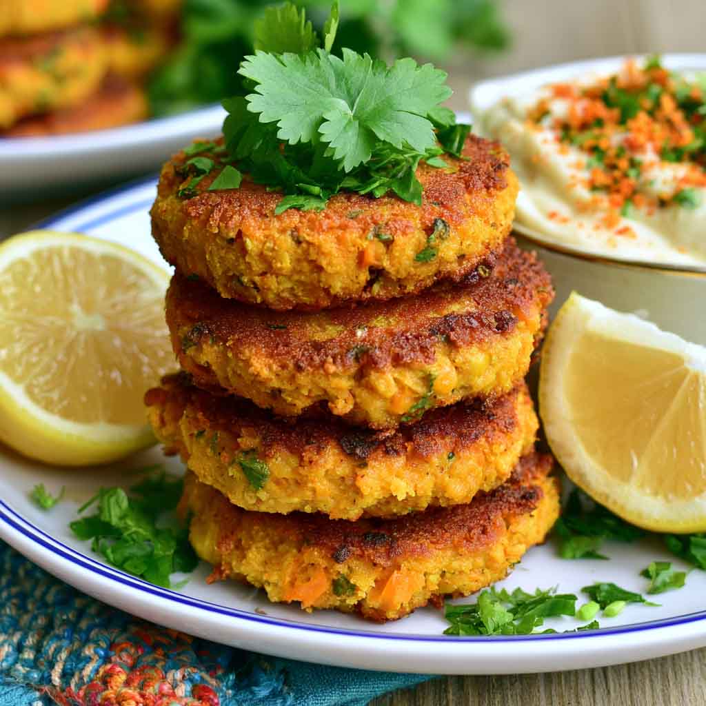 Golden coconut curry carrot and chickpea patties served crispy with herbs and a creamy dipping sauce.