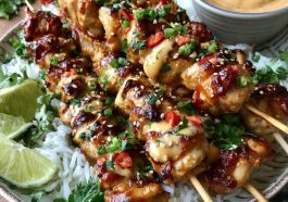 Grilled bang bang chicken skewers glazed with a creamy spicy sauce, garnished with green onions and sesame seeds.