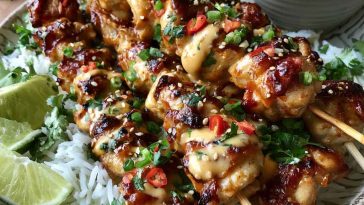 Grilled bang bang chicken skewers glazed with a creamy spicy sauce, garnished with green onions and sesame seeds.