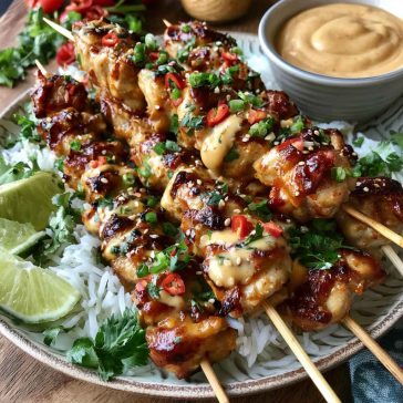 Grilled bang bang chicken skewers glazed with a creamy spicy sauce, garnished with green onions and sesame seeds.