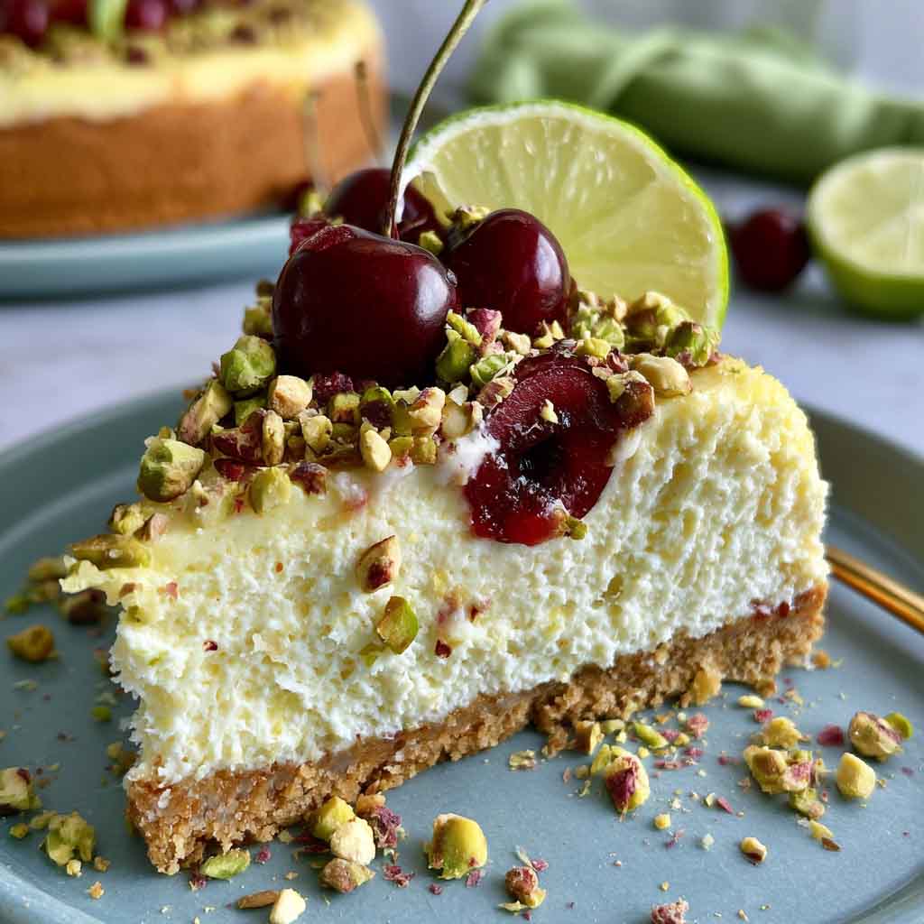 Refreshing cheesecake with layers of lemon lime filling, cherry topping, and a pistachio crust, garnished with whipped cream and chopped nuts.