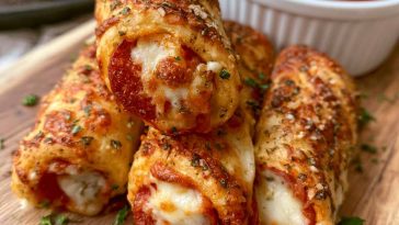 Golden pepperoni pizza roll breadsticks filled with melted cheese and pepperoni, brushed with garlic butter and baked until crispy.