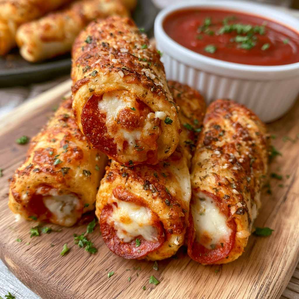 Golden pepperoni pizza roll breadsticks filled with melted cheese and pepperoni, brushed with garlic butter and baked until crispy.