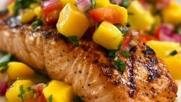 Grilled salmon topped with fresh mango salsa made with diced mango, red onion, cilantro, and lime.