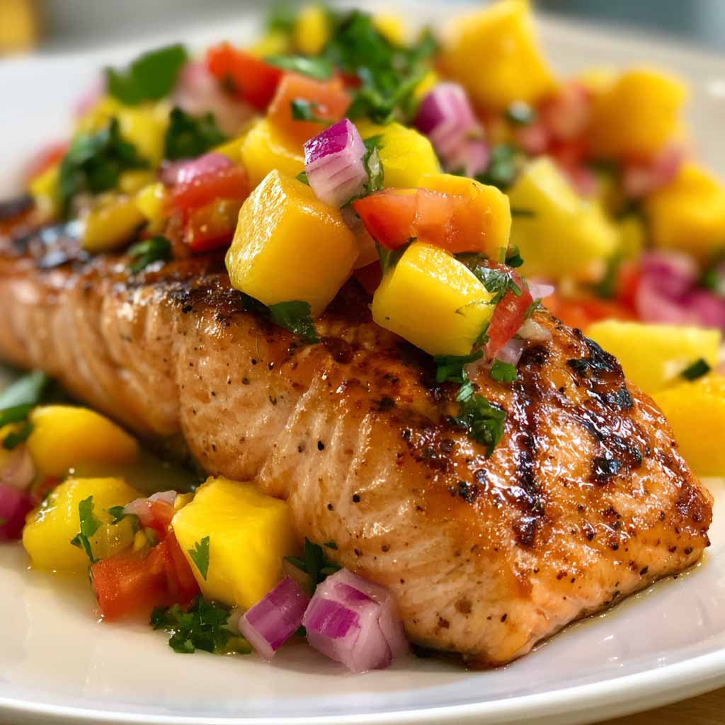 Grilled salmon topped with fresh mango salsa made with diced mango, red onion, cilantro, and lime.