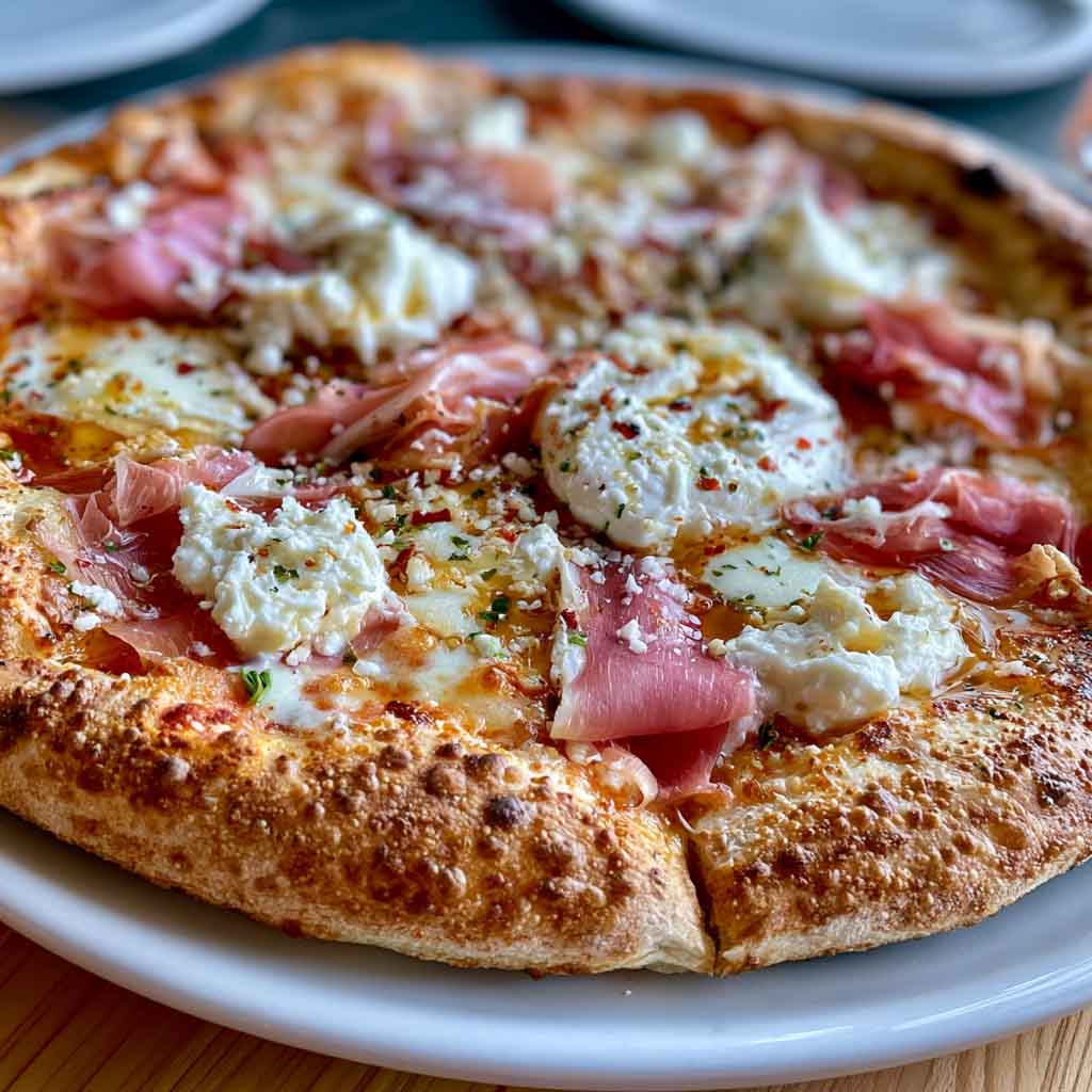 Gourmet prosciutto honey burrata pizza topped with creamy burrata cheese, thin prosciutto slices, fresh herbs, and a drizzle of honey.