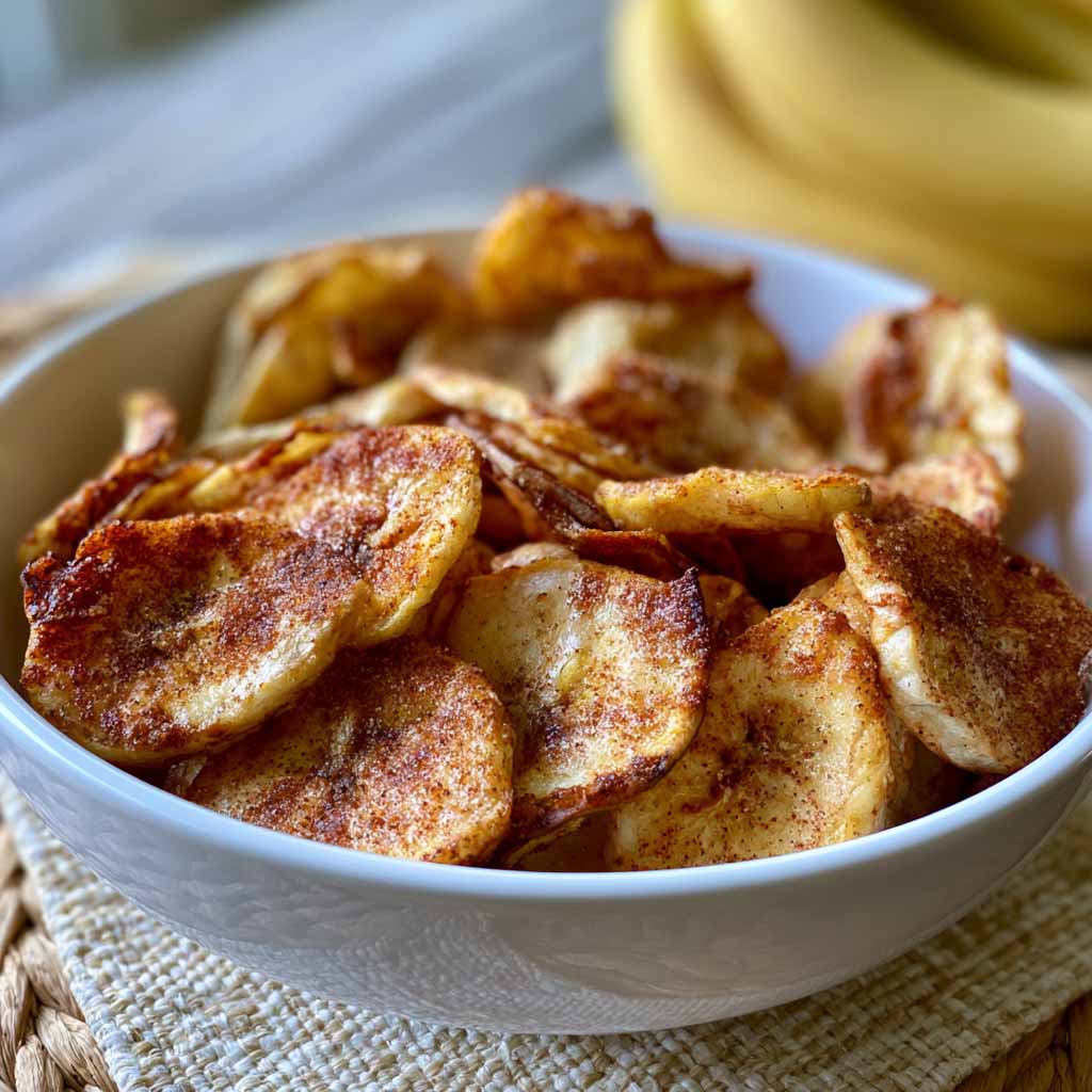 Crispy air fryer banana chips coated in cinnamon sugar, arranged in a bowl for a healthy homemade snack.