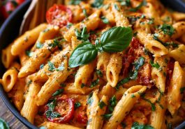 Creamy tomato garlic pasta with a rich, velvety sauce and tender noodles.