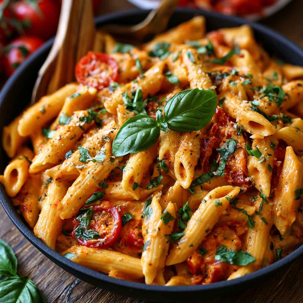 Creamy tomato garlic pasta with a rich, velvety sauce and tender noodles.