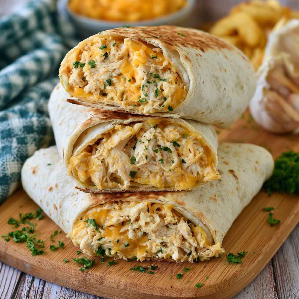 Cheesy garlic chicken wraps with crispy tortillas and melted cheese.