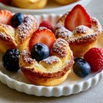 Mini German pancakes puffed and golden, topped with powdered sugar and berries.