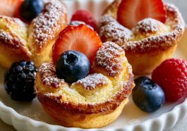 Mini German pancakes puffed and golden, topped with powdered sugar and berries.